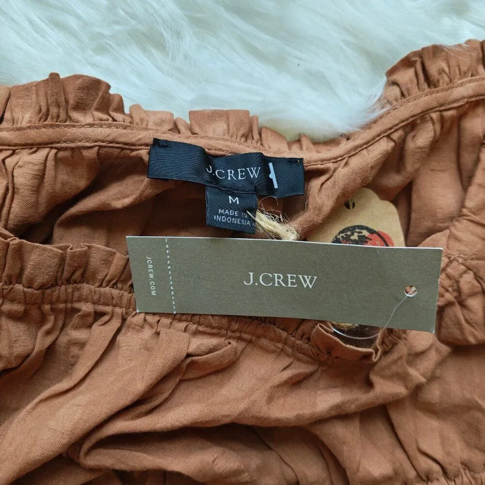 J.Crew Rust Smocked Peasant Blouse with Puff Sleeves & Ruffle Hem, SIZE Medium